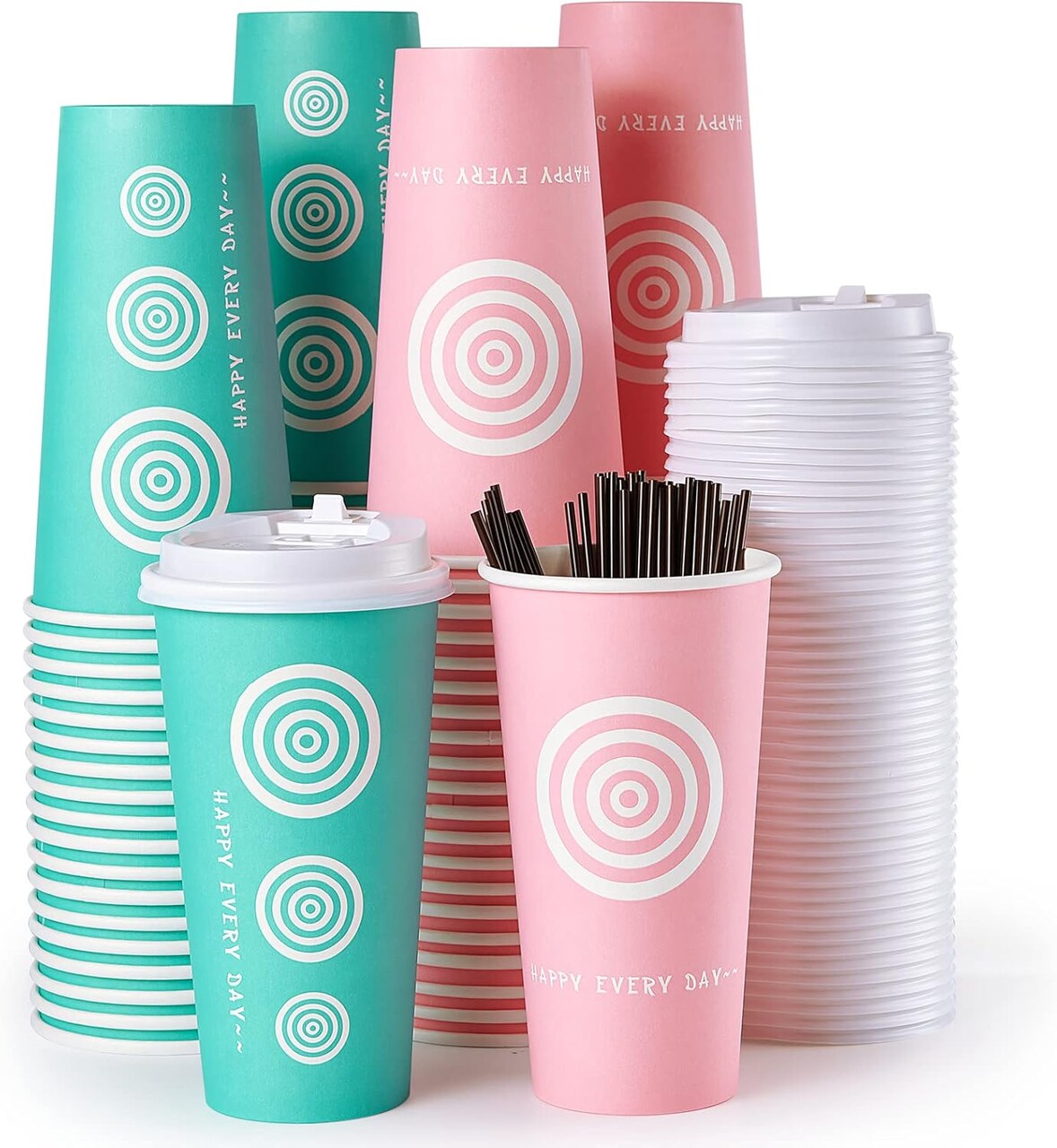 20 oz 100 Pack Paper Coffee Cups with Lids and Stirrers in Pink and Green. Great for Coffee, Juice, Tea, Home Use, Store and Cafe